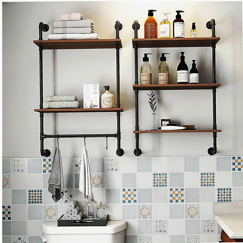 Industrial Pipe Shelf 3 Tier and 2 Tier Wall Mounted Shelves  36in Wood Display Shelves, and 3 additional hooks,Farmhouse Kitchen Bar Shelf, DIY Bookshelf Unit Hanging Wall Shelves for Bedroom...