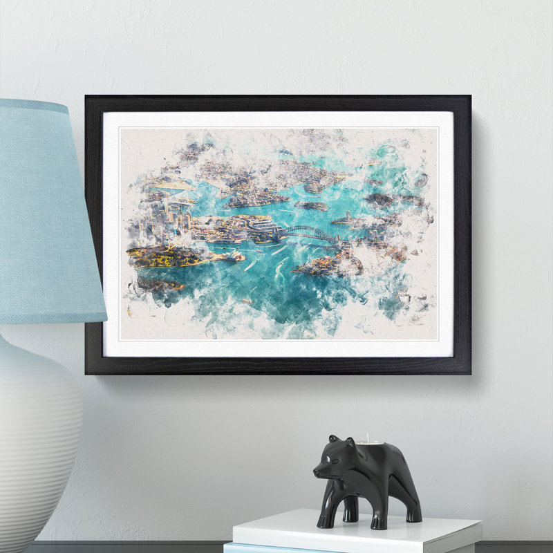 Birds Eye View Of Sydney Australia Watercolour - Single Picture Frame Print on MDF, 40cm H x 60cm W x 2cm D, Black Framed