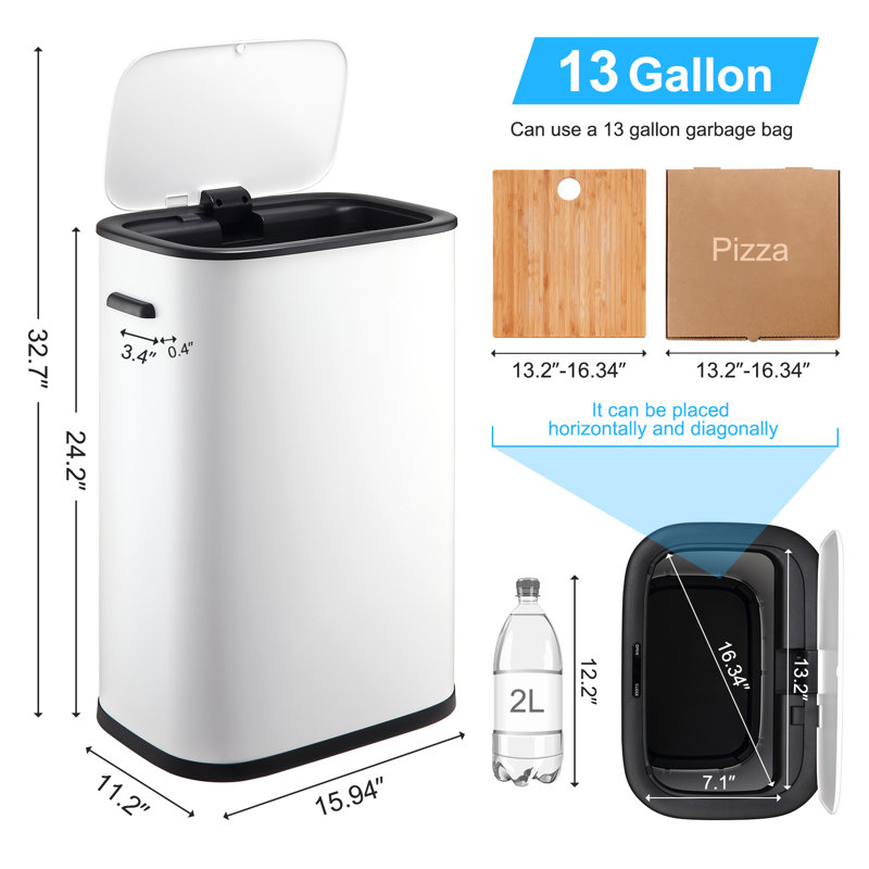 13 Gallon Automatic Sensor Kitchen Trash Can, Kitchen Trash Can With Lid, Sensor-activated Lid Garbage Bin, White