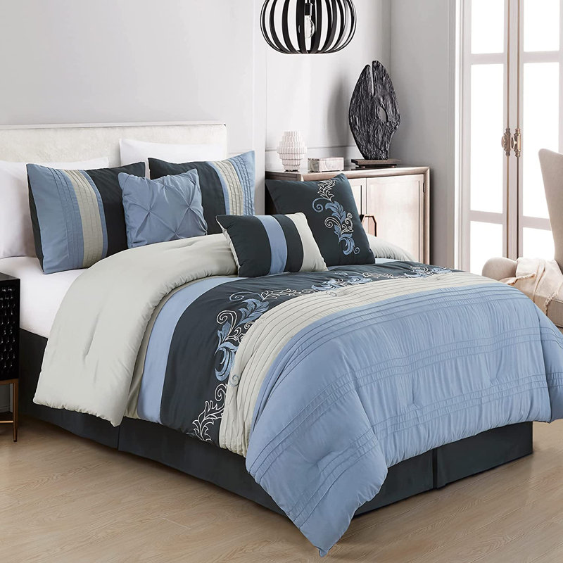 Floral Embroidered Microfiber 7 Piece Comforter Set, Full Comforter + 6 Additional Pieces, Navy/Blue/Gray