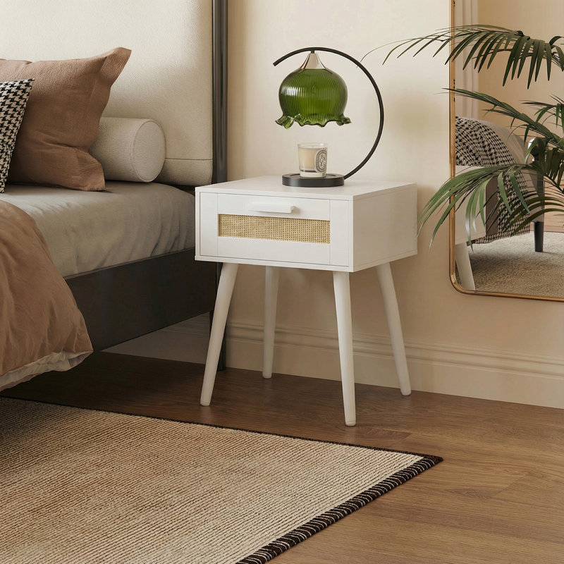 Natural Rattan Wooden Nightstand, Bedside Table for Bedroom Storage(Withe), White