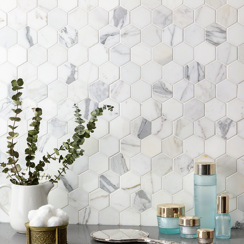Hexagon Marble Mosaic Tile in White/Grey