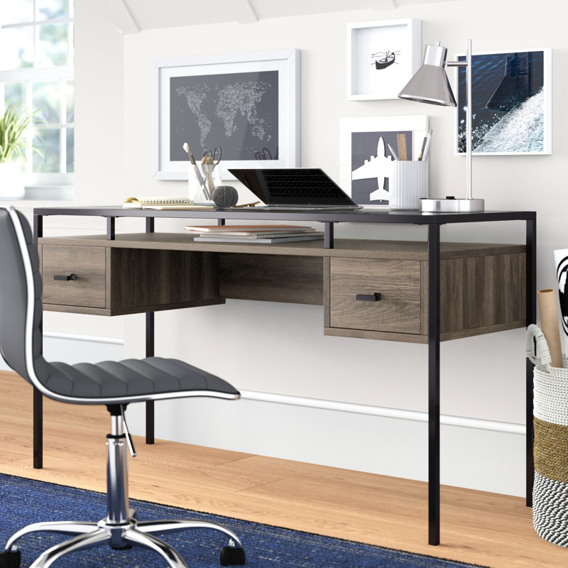 Wingfield 56" 2-Drawer Glass-Top Writing Desk, Gray Wash/Black