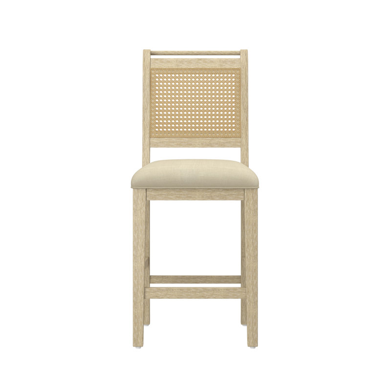 Wood Cane Back Counter Height Stool With Upholstered Seat, Light Washed Oak