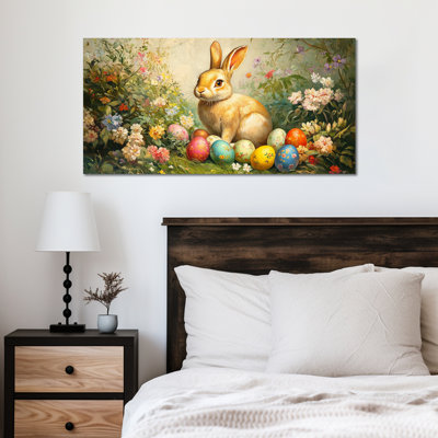  Spring Easter Bunny Wall Art, Spring Easter Bunny Pictures Wall Decor, Easter Egg and Rabbit Pictures, Easter Prints for Living Room Bedroom Kids Room Nursery Ready To Hang 12" × 24"