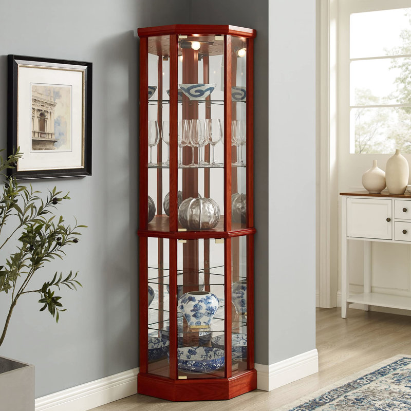 Armoire vitrée à dossier en miroir à 6 tablettes avec tablettes réglables, Cerisier