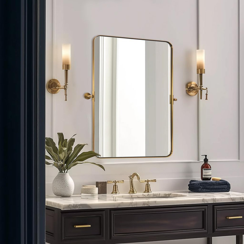 Modern Tilting Bathroom Vanity Wall Mirror | Stainless Steel Pivot Frame, Brushed Gold, 36" x 28"