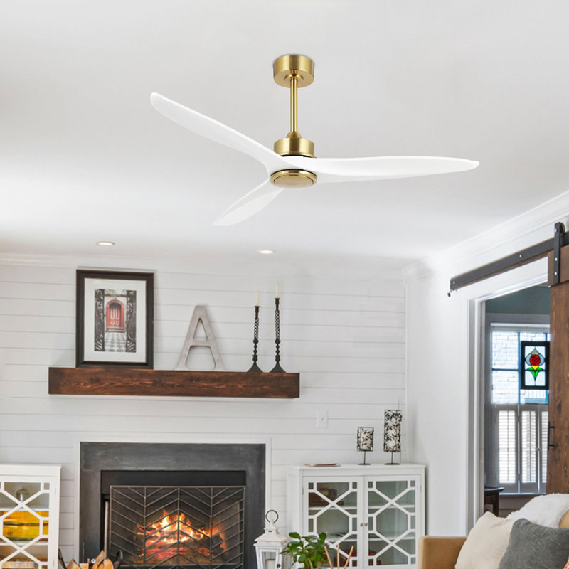 Ventilateur de plafond à 3 pales en bois massif avec télécommande Wivenhoe, 52 po de largeur, Blanc / Doré, Sans lumière