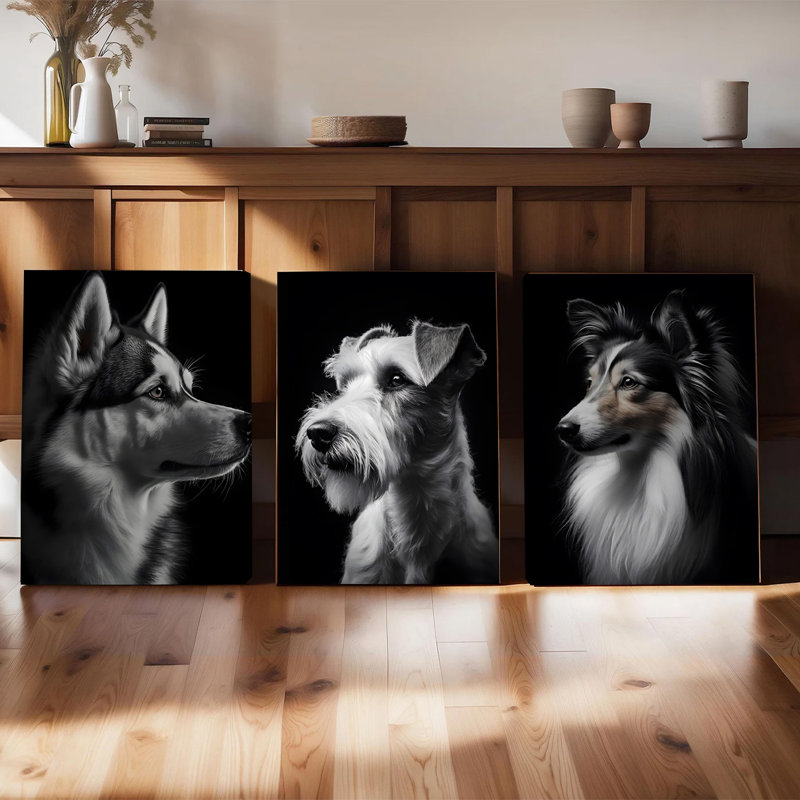 Ensemble de 3 affiches encadrées, portraits de chiens sur toile (Husky, Schnauzer et Collie en noir et blanc), style minimaliste et moderne, idéal pour le salon, la chambre ou toute autre pièce. Photographies animalières.