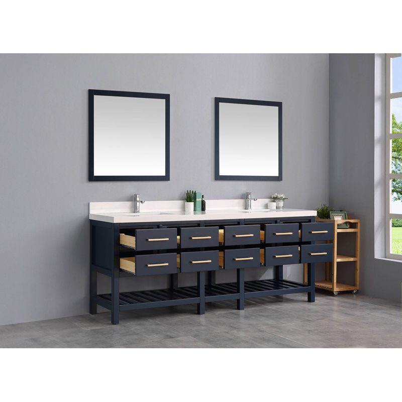 Meuble-lavabo double 84 x 22 Santa Fe en vert avec 2 comptoirs Calacatta, Blanc, Bleu marine, Doré