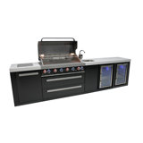 Mont Alpi 6-Burner Black Stainless Steel Outdoor BBQ Island Grill + Beverage Center + Fridge Cabinet