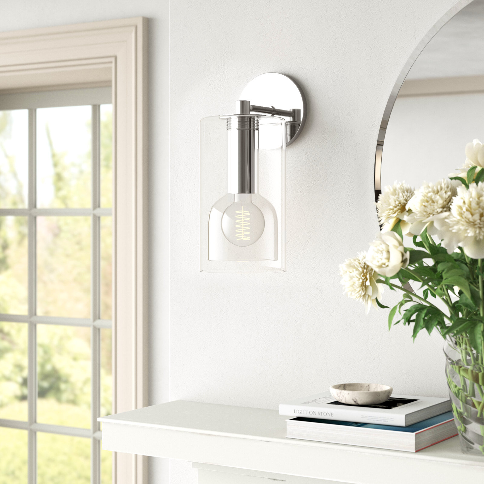 Adreille Single Light Glass Steel Dimmable Armed Sconce, Polished Nickel