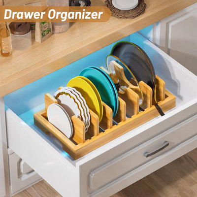 Bamboo Pot And Pan Organizer, Pot Lid Organizer Holder Rack For Countertop Drawer, Kitchen Cabinet Organizer With 7 Adjustable Dividers For Pots, Pans, Baking Sheets, Cutting Boards