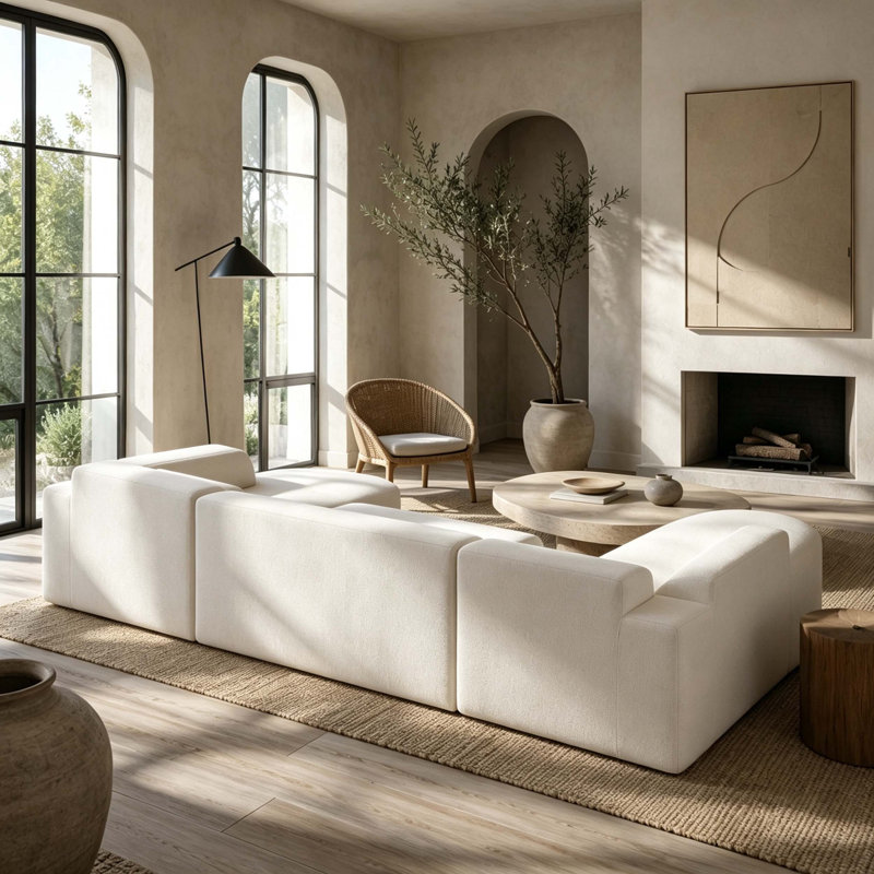 Canapé d'angle modulaire blanc en forme de U de 131,1 pouces, canapé nuage compressé sous vide, ensemble de canapés en boucle avec méridienne incurvée et coussins décoratifs, aucun assemblage requis, canapé à assise profonde surdimensionnée pour le salon.