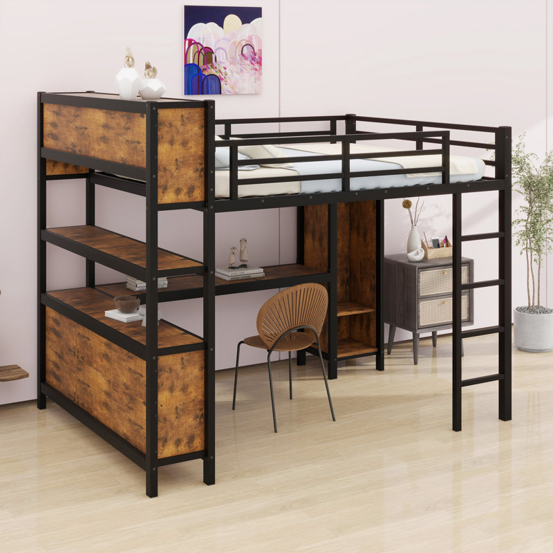 Space-Saving Loft Bed Featuring Built-In Closet, Study Desk, And Organizational Cubes, Wood