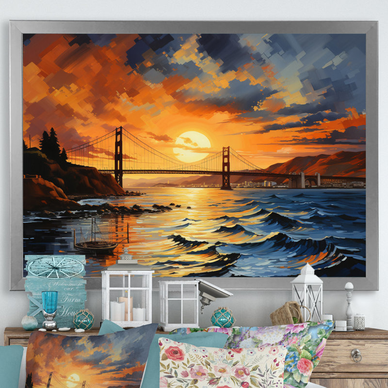 «Edinson Orange Bridge Golden Gateway Yellow I», reproduction sur toile, H 16 po x l 32 po x P 1 po, Cadre simple argenté