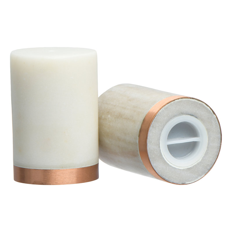 White and Beige Marble Salt and Pepper Shaker Set with Copper Base