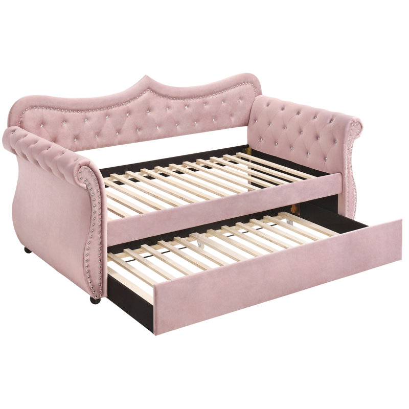 Twin Size Daybed With Pink Upholstery And Trundle, Contemporary Bedroom Desirable Option, Velvet Fabric, Classy Rolled Arms Upholstered Appealing Quality, Soft Upholstery, Graceful Arm Trim