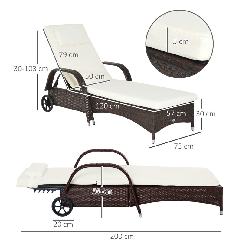 Ronning 200cm Long Reclining Single Chaise with Cushions, Brown