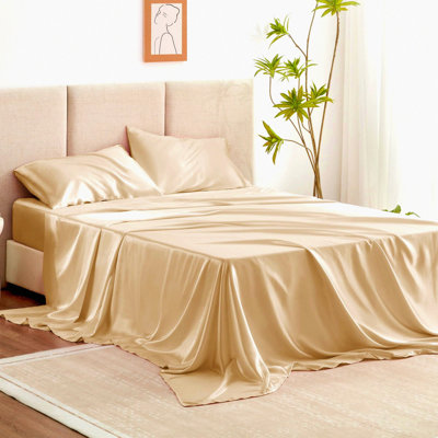 Luxury Silk Feel Twin Sheet Set - Beige Silky Bedding with Deep Pockets - 3 Piece Twin Size Sheets - Soft & Smooth 1 Flat Sheet, 1 Fitted Sheet, 1 Pillowcase - Top Quality Bed Linens