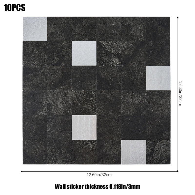 10Pcs Self-Adhesive Marble Wall Tile Stickers, Black/Silver
