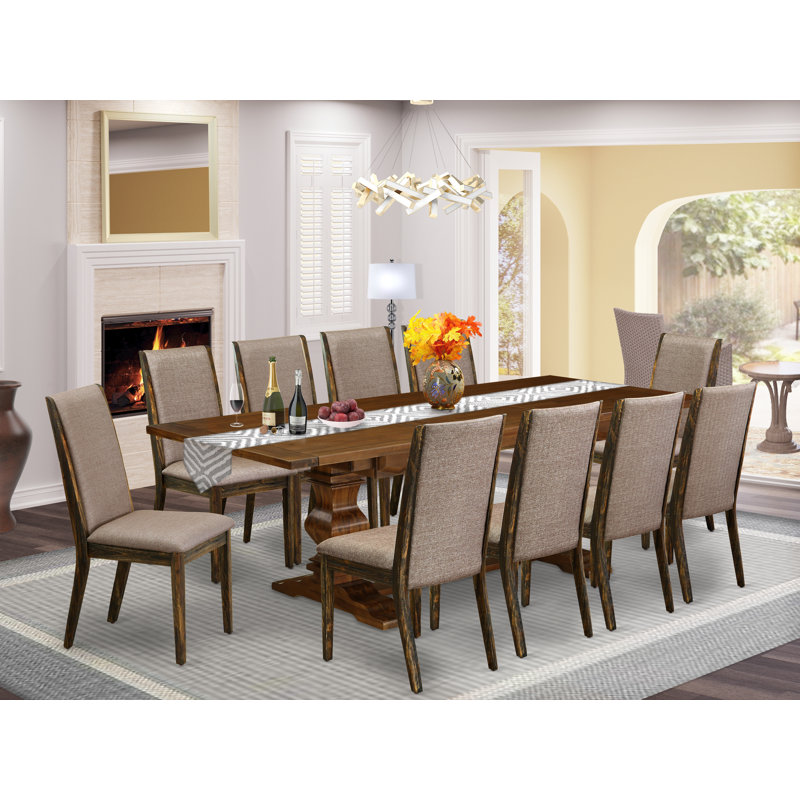 L'ensemble de table de salle à manger 5 pièces pour 4 personnes comprend une table de cuisine rectangulaire avec rallonge amovible et 4 chaises parsons en tissu kaki foncé, noyer antique