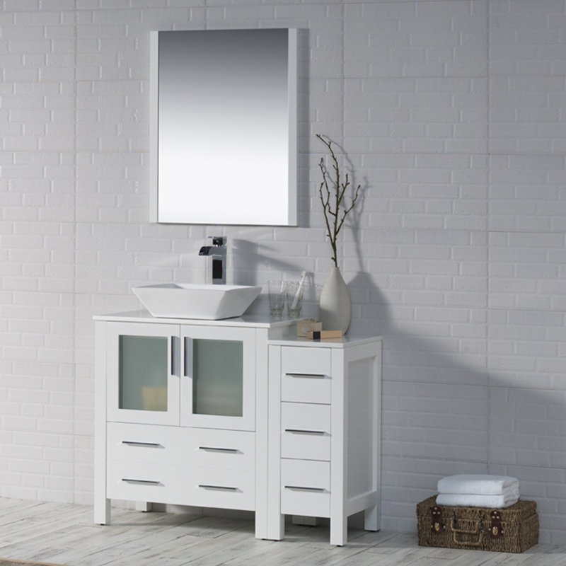 Ensemble de meuble-lavabo simple 42 po avec miroir Mance, Blanc lustré