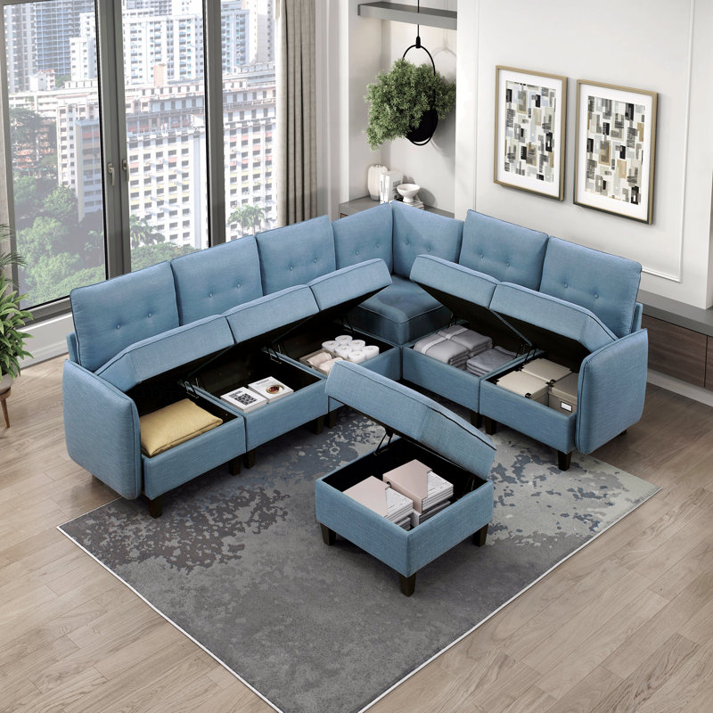 Repose-pieds de rangement en tissu bleu 1pc, capitonné avec structure en bois massif