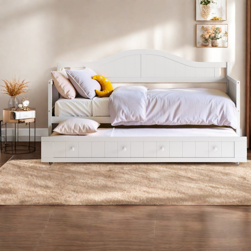 Lit double en bois avec lit gigogne de rangement, lits blancs de 199 cm (78,2 pouces), style ferme moderne, White