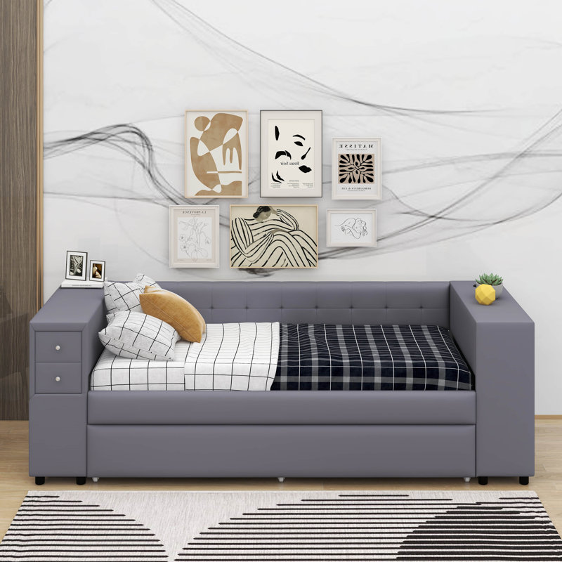 Lit simple tapissier avec lit gigogne, Gris