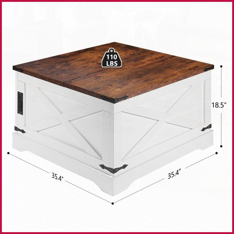 Table basse à plateau relevable 35,4 po Vintage White avec chargement intégré et rangement dissimulé pour le salon