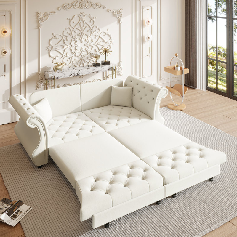 Canapé-lit surdimensionné en velours 83,8 po Chesterfield, 34.62" H x 83.82" W x 32.72" D, Beige
