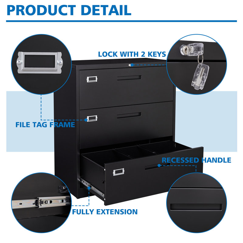 Dianney 35.43'' Wide 3 -Drawer Steel File Cabinet, Black