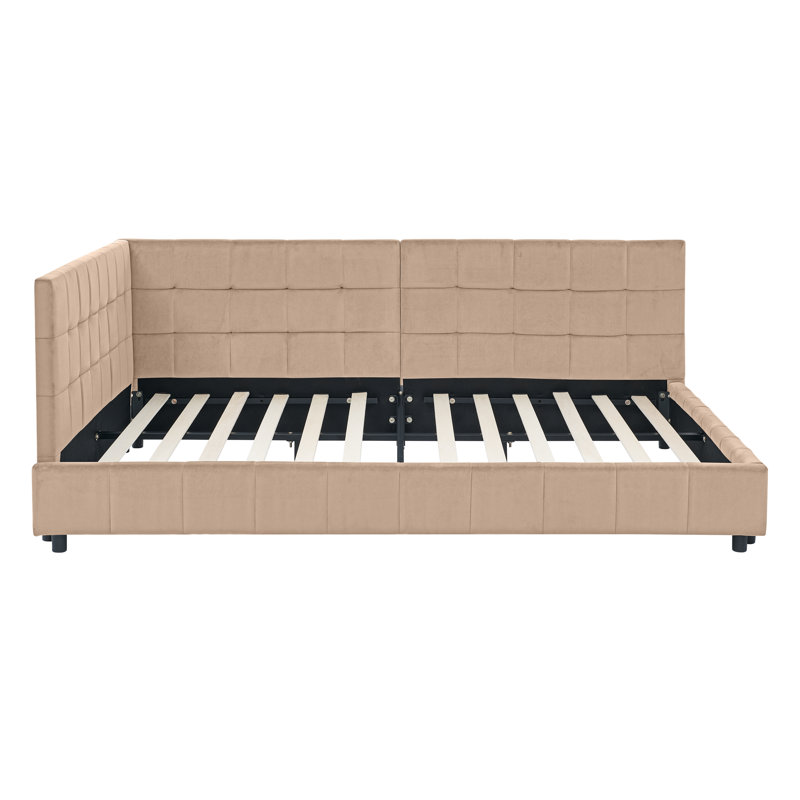 Full Velvet Tufted Daybed With Backrest & Sturdy Wood Support, Pink