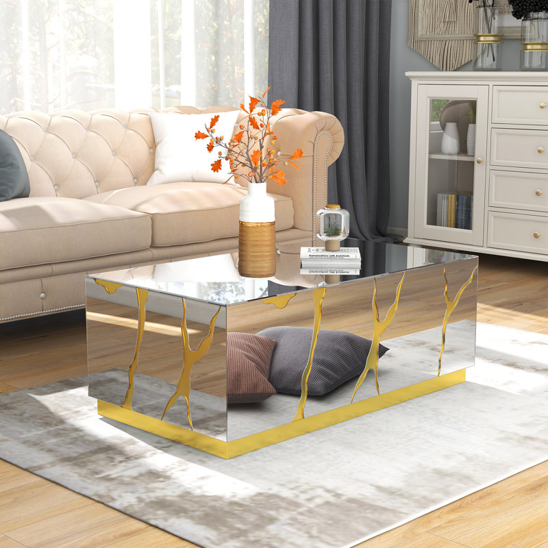 Dalee 39''W Mirrored Block Glass Rectangle Coffee Table With Unique Crackle Design