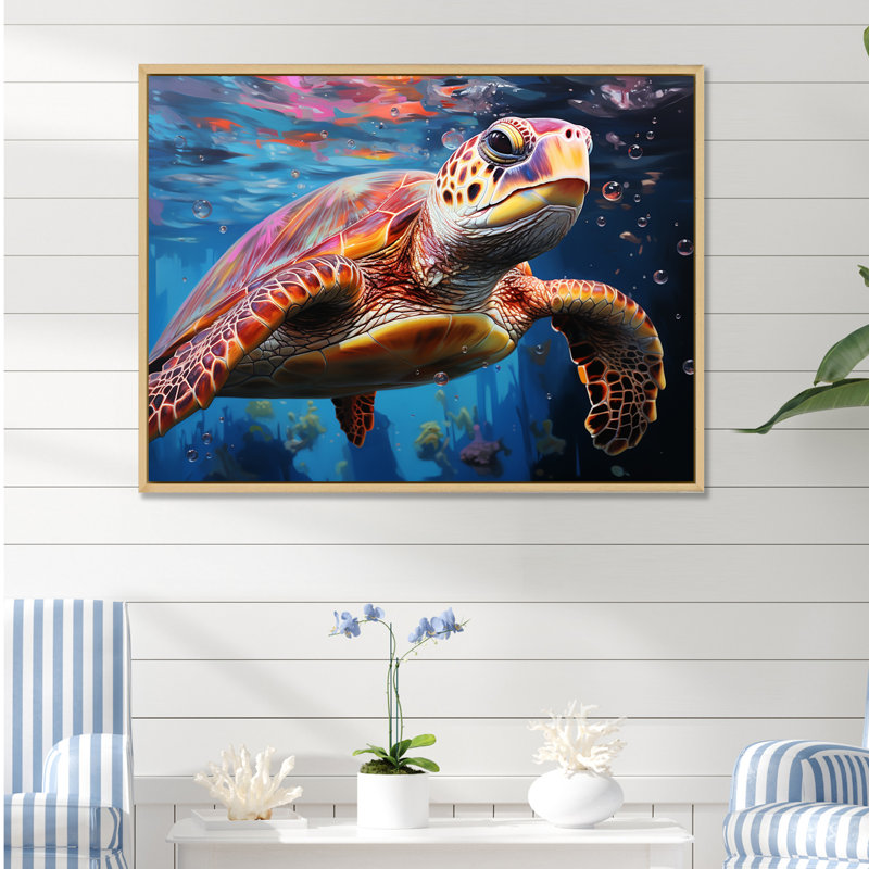 Tortue de mer pastel sur toile, H 30 po x l 40 po x P 1,5 po, Cadre naturel flottant