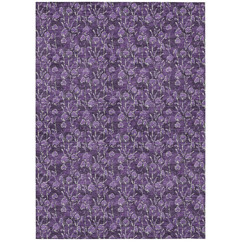 3' X 5' Purple Eggplant And Ivory Floral Washable Indoor Outdoor Area Rug