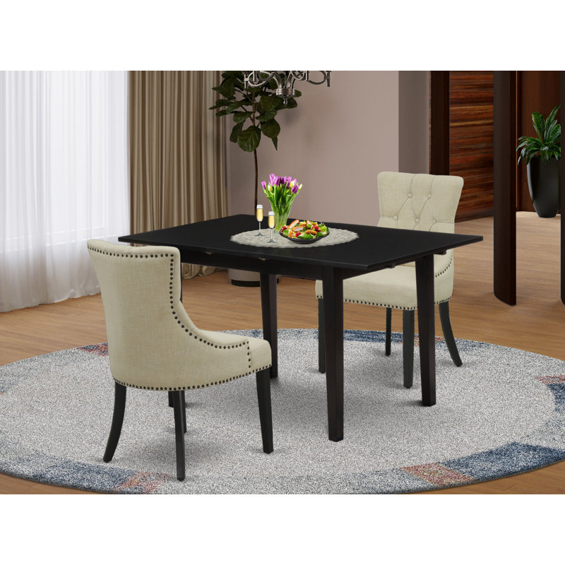  Rectangular Solid Wood Top with Butterfly Leaf Dining Table Set, Beige/Black, Black, 3 Pieces: 1 Table, 2 Chairs