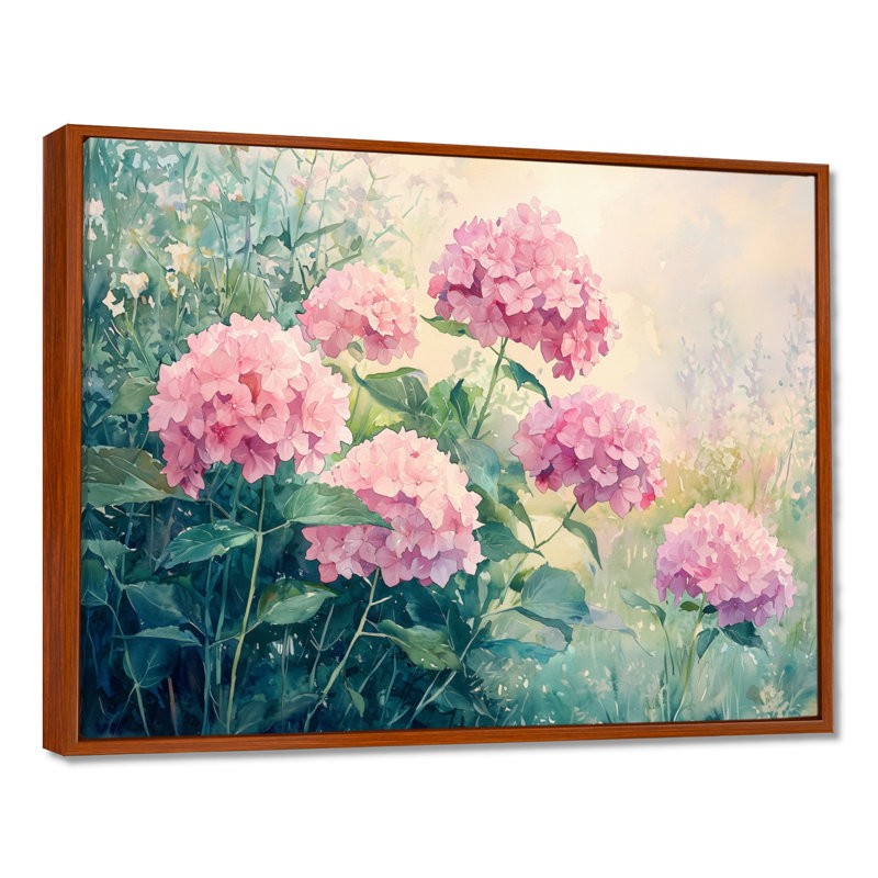 Hortensias dans un pré d'été I - Hortensia, art mural, H 30 po x l 40 po, Impression encadrée flottante, Brun