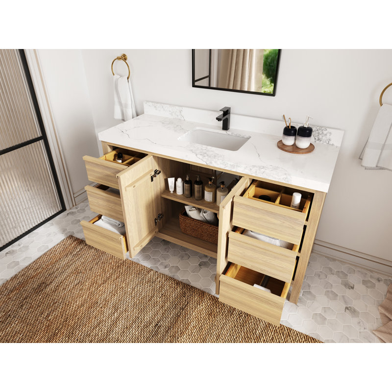 Elizabeth Oak 60 In. W X 22 In. D Single Sink Bathroom Vanity With 2 In. Quartz, Calacatta Laza
