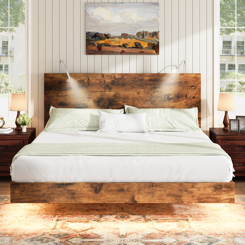 Wooden floating bed frame with LED lights,Platform Bed Frame with Reading Light Headboard, KIng
