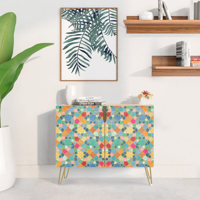 Buffet buffet, armoire de rangement pour cuisine avec 2 portes, motifs de carreaux multicolores éclatants, console pour salle à manger L 35 po x l 18 po x H 29 po