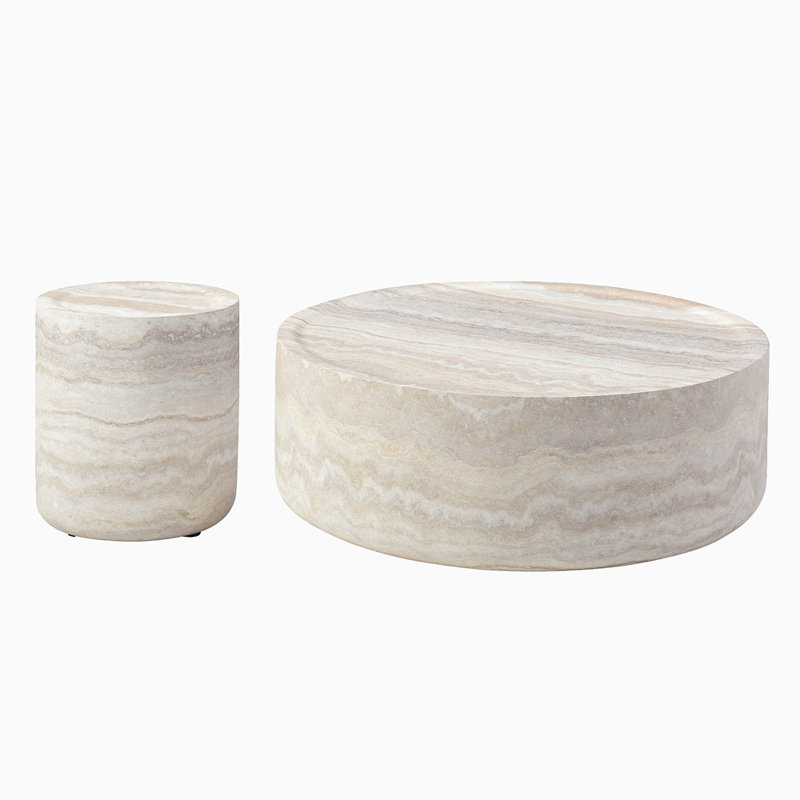 Set Of 2 Faux MARS Pattern Coffee Tables Side Table Round Tea Faux Travertine Textured  Table For Living Room, No Need Assembly.