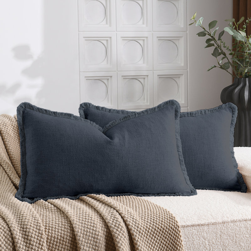 Housse de coussin en lin délavé texturé Boho Farmhouse, Marine, Rectangle H 12 po x l 20 po