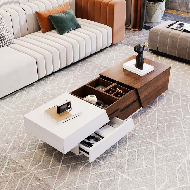 Table basse moderne extensible avec plateau coulissant et rangement en blanc et noyer, parfaite pour les espaces de vie polyvalents