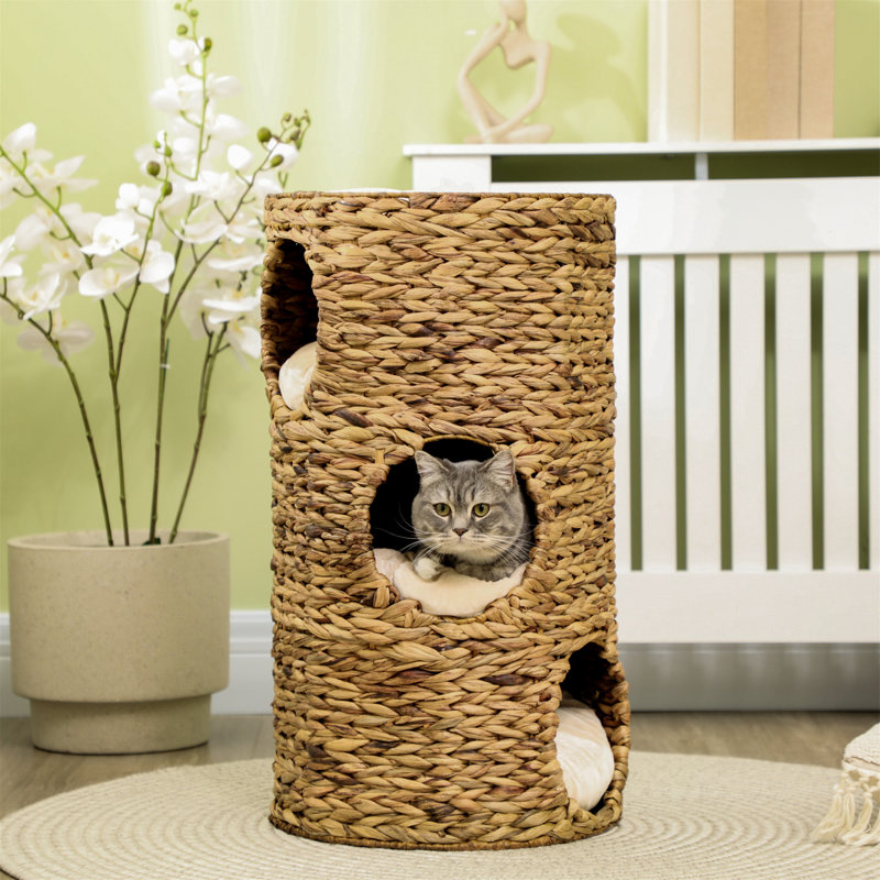 Natural Water Hyacinth Multi-Layer Elevated Cat Bed with Cushions