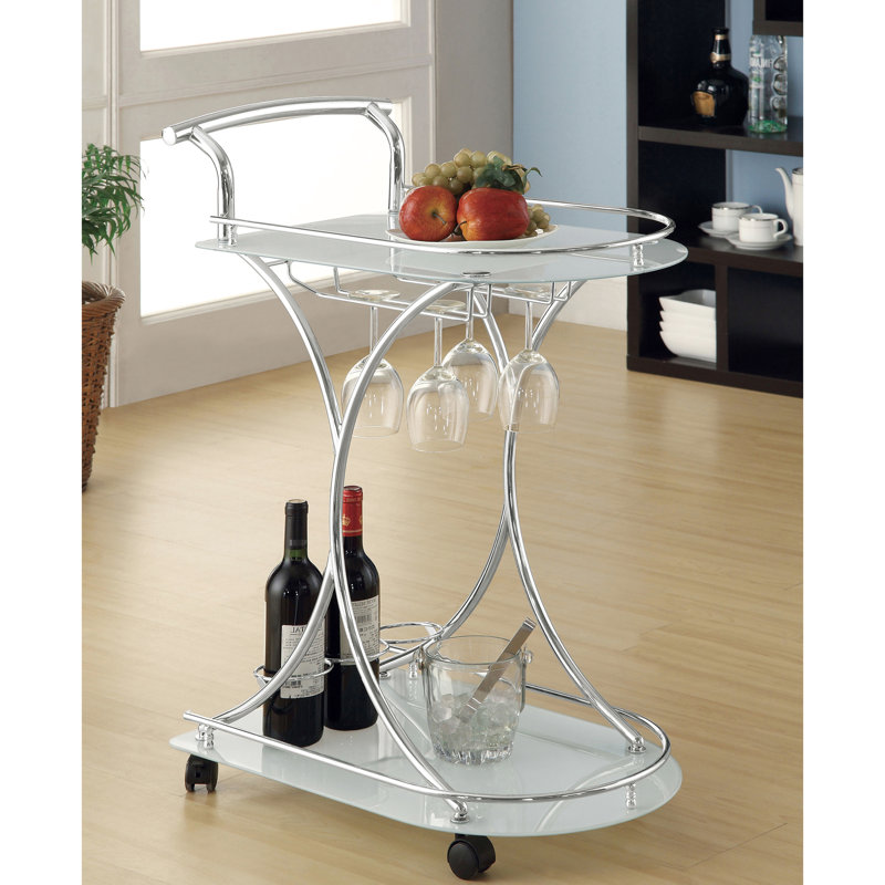 Chariot-bar blanc et 2 tablettes en verre pour la salle à manger, style de rangement avec support à verres à pied, tablette de 26,5 pouces de large, décoration de pièce, 34,08h