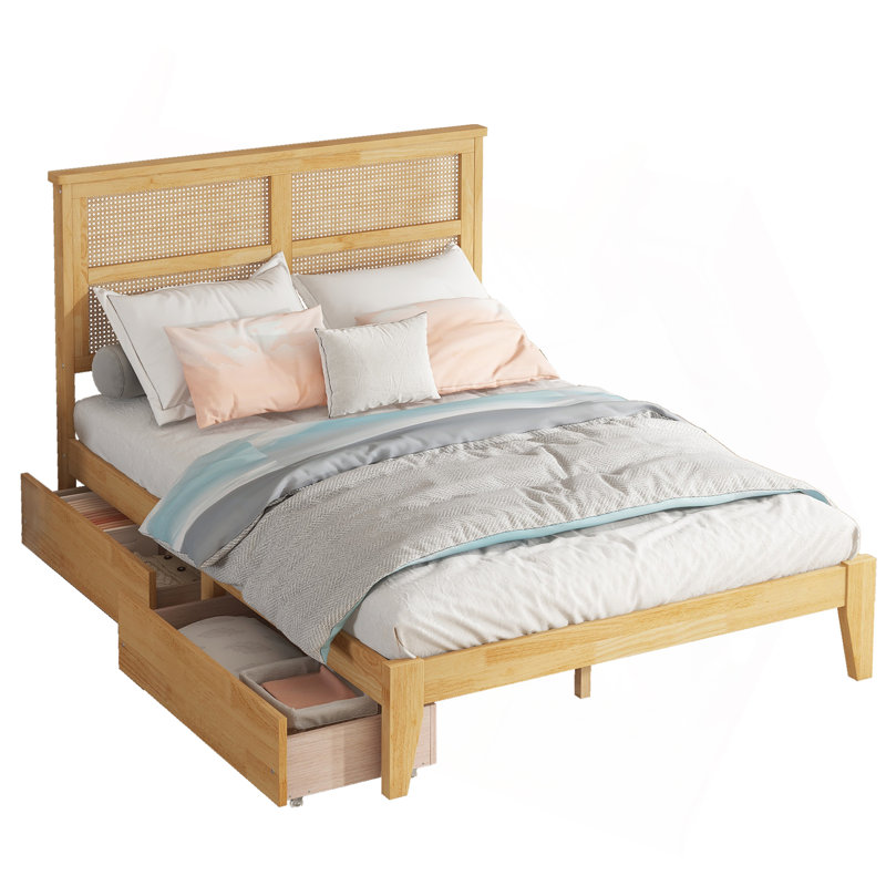Lit double avec tête de lit en rotin, deux tiroirs de rangement, lit en bois d'hévéa avec sel et pieds de soutien améliorés