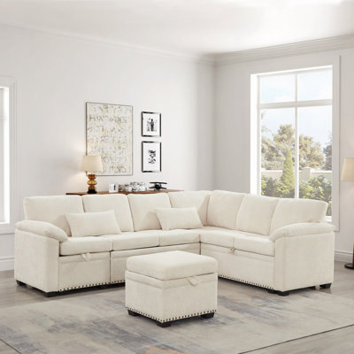 Canapé d'angle modulaire en L 97 po avec siège et repose-pieds de rangement en L 97 po, canapé d'angle en chenille avec 7 sièges et 2 coussins pour le salon