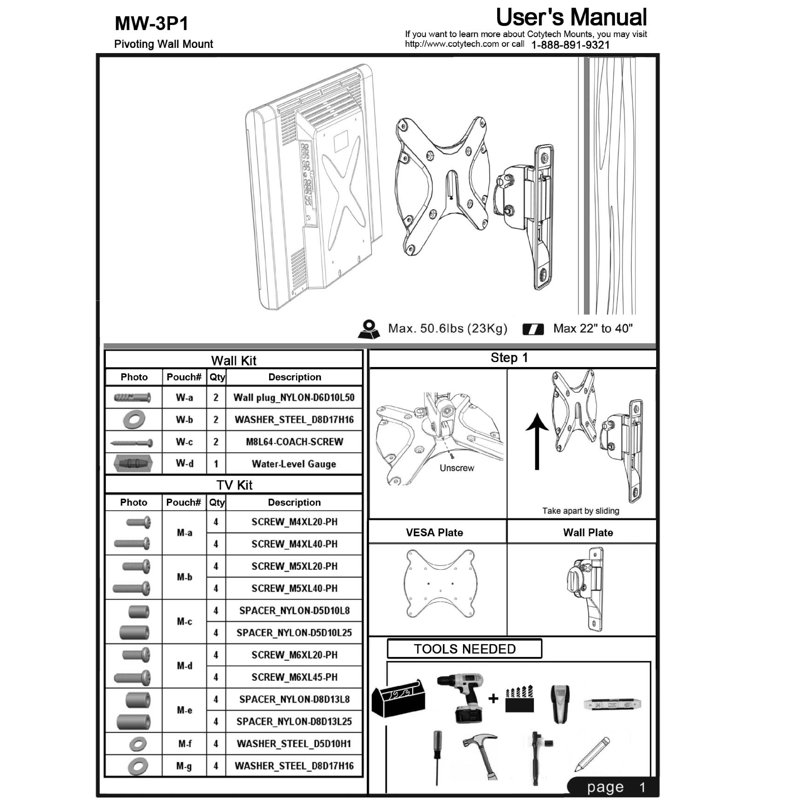 Tilt/Swivel Wall Mount for 22" - 40" Plasma/LED/LCD, Non